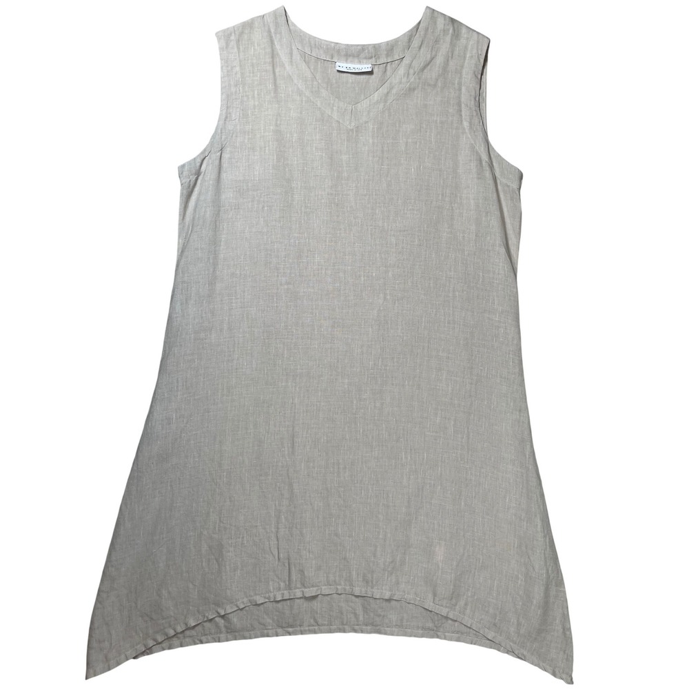 Bryn Walker Linen Dress Womens L Oatmeal Beige V-Neck High-Low Lagenlook USA